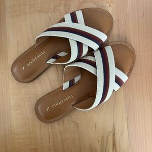 Denver Hayes Women’s Canvas Crisscross Flat Slip on Striped Sandals, Size 7